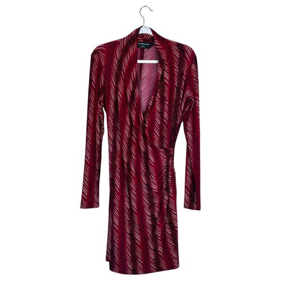 NORMA KAMALI Jersey Long-Sleeve Wrap Dress Red Scratch Stripe Liquid Knit Large - Picture 2 of 7